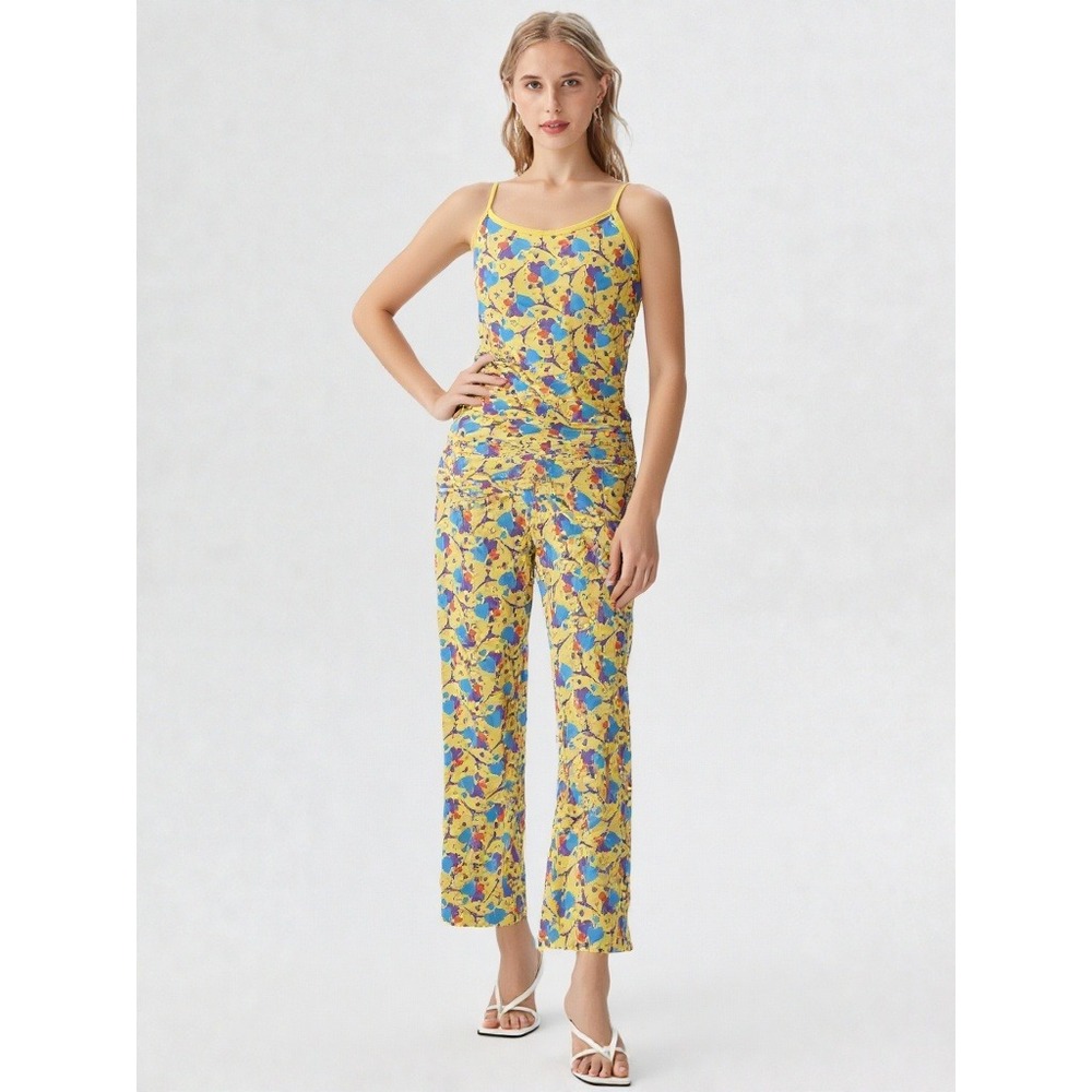 Pajama Set Camisole‎ Pants Yellow Eiffel Tower Hearts Print M